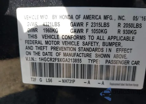 2016 Honda Accord Ex-L from USA, damaged, VIN 1HGCR2F9XGA213855